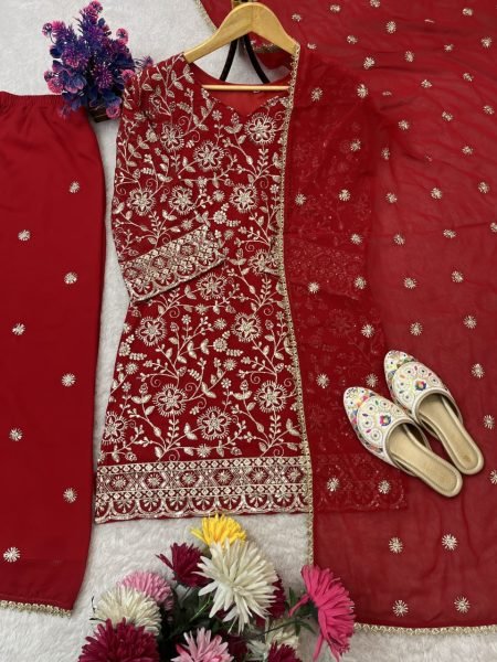 Pearlescent Red Ready to Wear Full Flair Stitched Plazo Suit Set with Festive Wear Ready To Wear Collection