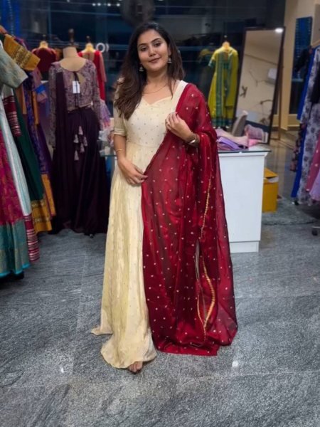 Perfect For Festive Occasions Chinnon Embroidered Anarkali Gown with Maroon Dupatta Best Wholesale Prices  