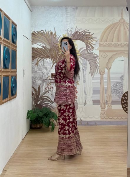 Perfect for Parties   Office Elegant Dola Silk Co Ord Set with Embroidered Pants CO ORD Sets