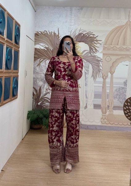 Perfect for Parties   Office Elegant Dola Silk Co Ord Set with Embroidered Pants CO ORD Sets