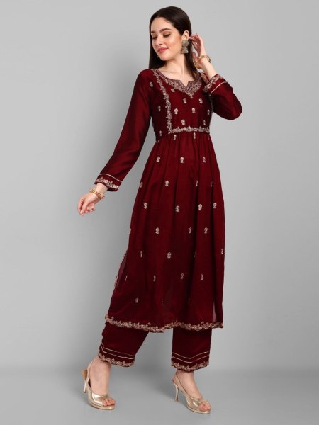 Perfect Womens Vichitra Silk Embroidery Kurti Pant Set Kurti With Bottom Wholesale