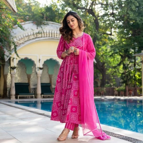 Pink Bandhej Printed Anarkali Kurti With Pant And Dupatta Set  3 Piece Kurti Set