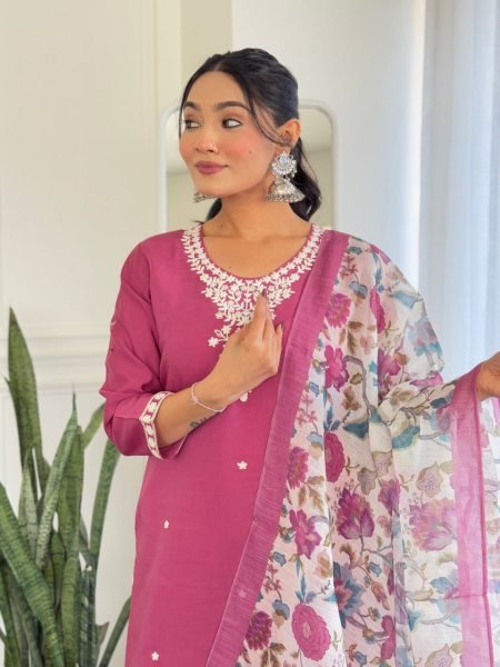  Pink Chanderi Silk Fancy Kurti Bottom With Dupatta 3 Piece Kurti Set