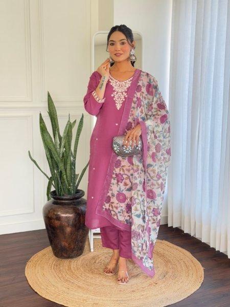  Pink Chanderi Silk Fancy Kurti Bottom With Dupatta 3 Piece Kurti Set
