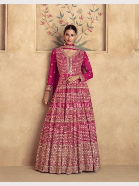 Pink Color Aashirwad Creation Real Georgette Gown With Dupatta Anarakali Gown Wholesale