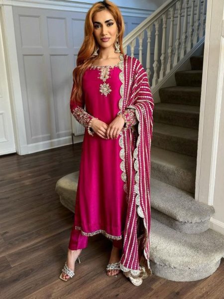 Pink Color Cotton Salwar Kameez With Embroidery Sequence Work With Dupatta Salwar Kameez