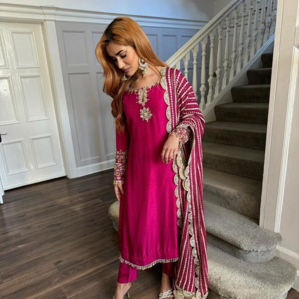 Pink Color Cotton Salwar Kameez With Embroidery Sequence Work With Dupatta Cotton Salwar Kameez Wholesale