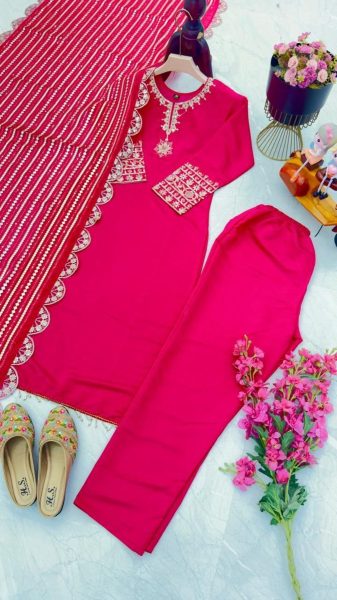 Pink Color Cotton Salwar Kameez With Embroidery Sequence Work With Dupatta Cotton Salwar Kameez Wholesale