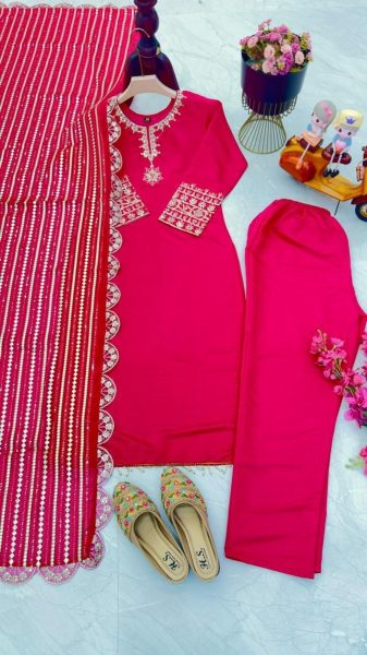 Pink Color Cotton Salwar Kameez With Embroidery Sequence Work With Dupatta Cotton Salwar Kameez Wholesale