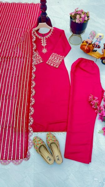 Pink Color Cotton Salwar Kameez With Embroidery Sequence Work With Dupatta Cotton Salwar Kameez Wholesale