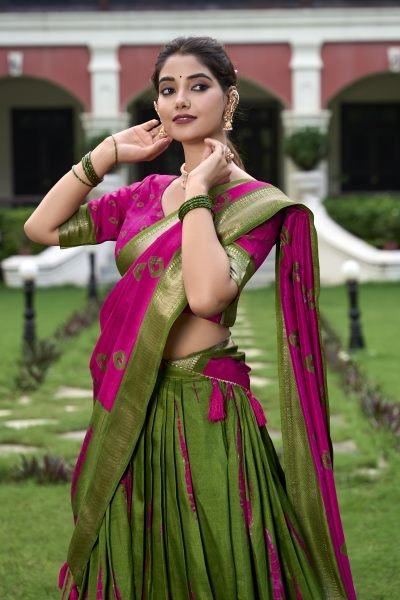Pink Color Dola Silk Shibori Print Saree Lehenga Choli Set Half Saree Lehenga