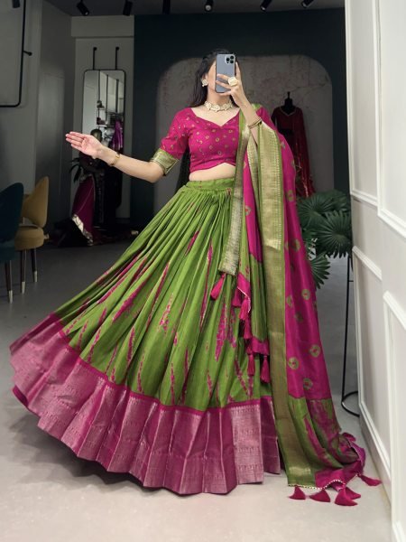 Pink Color Dola Silk Shibori Print Saree Lehenga Choli Set Half Saree Lehenga