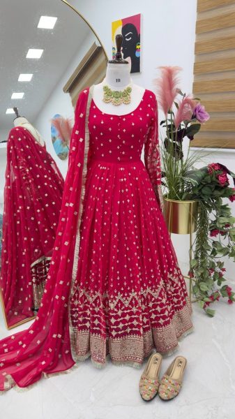 Pink Color Faux Georgette Gown With Embroidery Work  Dupatta Ready To Wear Collection