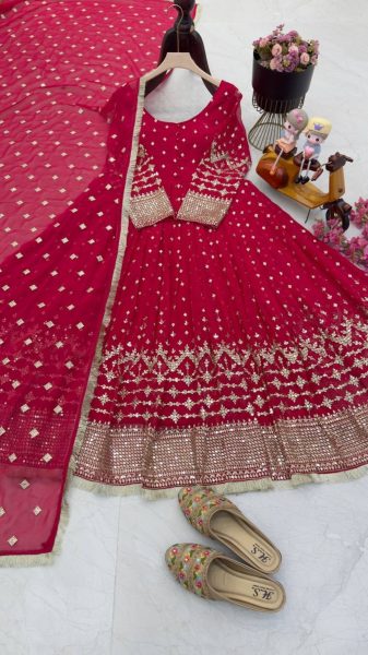 Pink Color Faux Georgette Gown With Embroidery Work  Dupatta Ready To Wear Collection