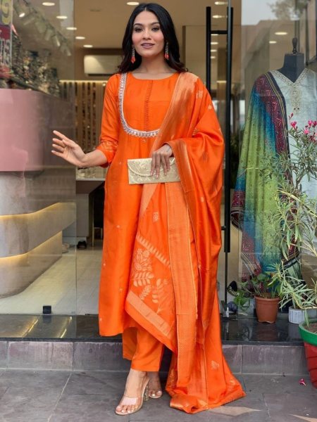 Orange Color Festival Wear Viscose Chanderi 3 pc Kurti Set  Kurtis