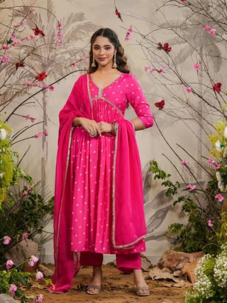 Pink Color Muslin Silk Kurti With Bandhej Print Kurti Pant With Dupatta  Kurtis