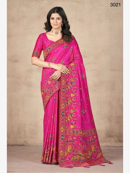 Pink Color Pashmina Work Combine With Handwork Designer Saree  Silk Sarees Wholesale