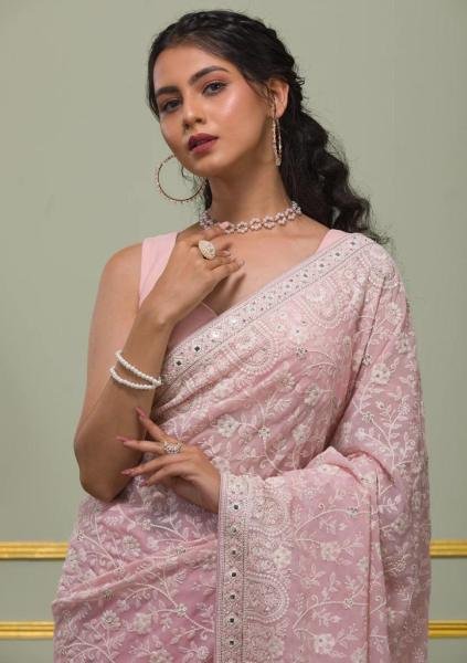 PInk Color White Thread & Sequins Embroidered Georgette Saree Embroidery Sarees Wholesale