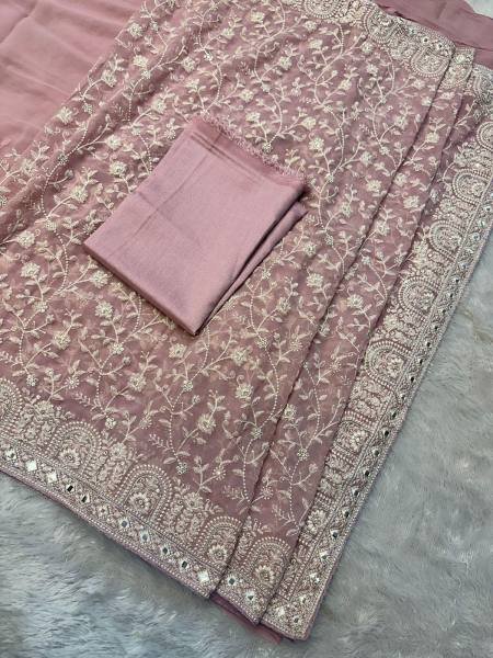 PInk Color White Thread & Sequins Embroidered Georgette Saree Embroidery Sarees Wholesale