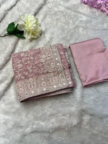 PInk Color White Thread & Sequins Embroidered Georgette Saree Embroidery Sarees Wholesale