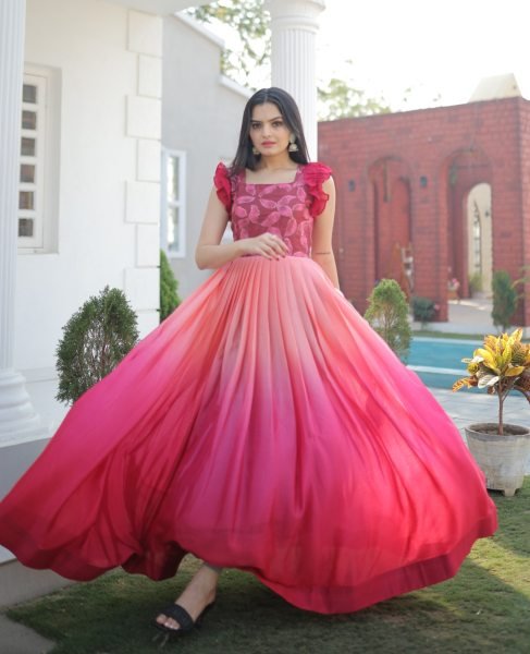 Pink  Colour Designer Chinon Silk Gown  Anarkali Kurtis 