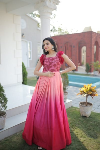Pink  Colour Designer Chinon Silk Gown  Anarkali Kurtis 
