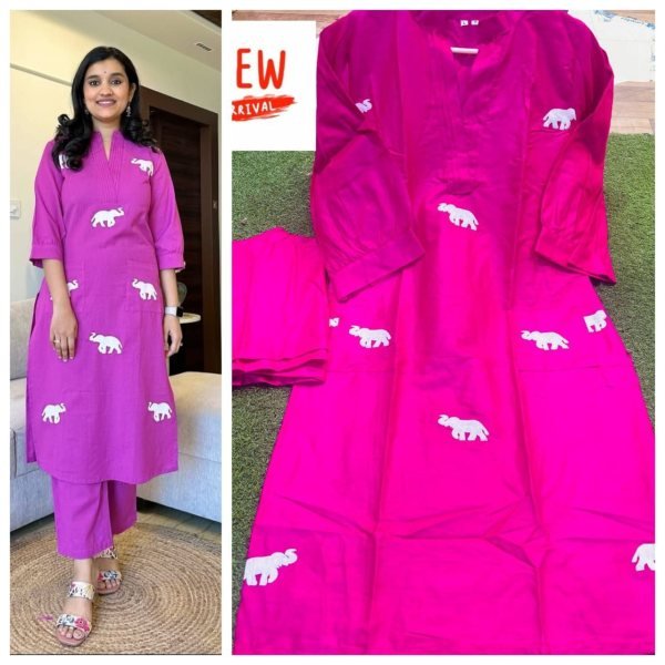 Pink Cotton Elephant Embroidery Coord Set Ready to Wear Kurta & Pant Wholesale Supplier at Low Price Kurti With Bottom Wholesale