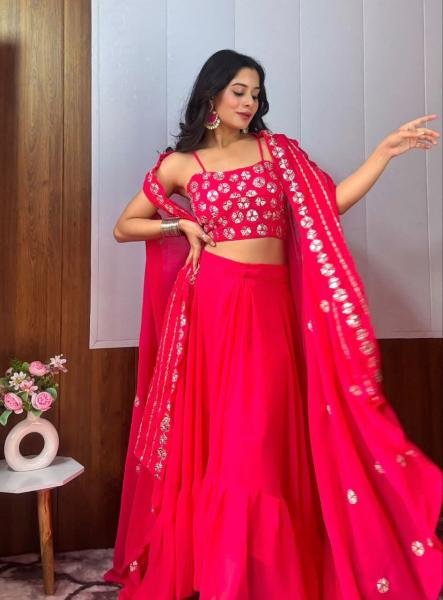 Pink Cowl Skirt  Blouse   Shrug Set     Western Look with Paper Mirror Work Designer Lehenga Choli