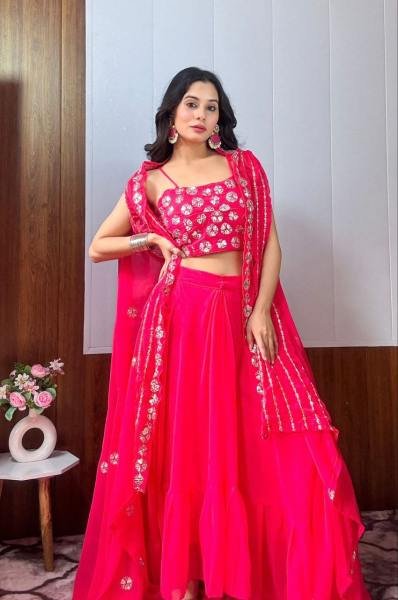 Pink Cowl Skirt  Blouse   Shrug Set     Western Look with Paper Mirror Work Designer Lehenga Choli