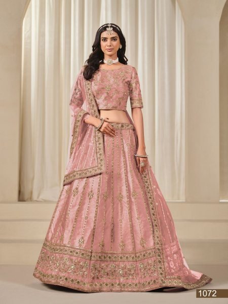 Pink Embroidered Art Silk Wedding Lehenga Manufacturer 