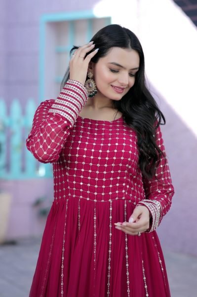 Pink Faux Blooming Gown With Sequins Multi Silver Jari Embroidered Work Anarkali Anarkali Kurtis 