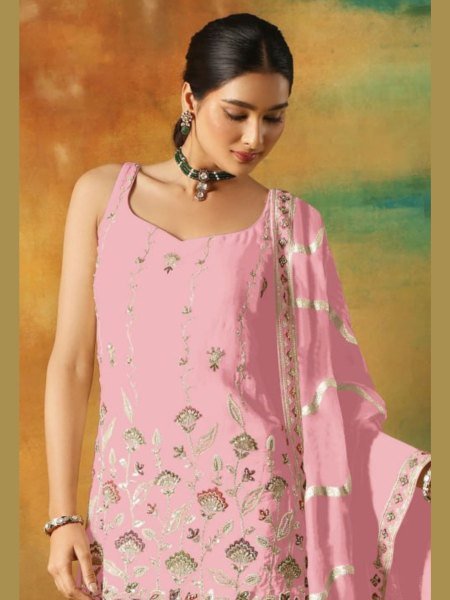 Pink Faux Georgette Sharara Suit with Mirror and Thread Embroidery Perfect for Wedding Outfit Designer Plazzo Salwar Suits Wholesale