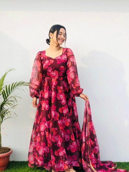 Pink Flower Print Georgette Anarkali  With Duppta Collection  Plus Size Kurti / Gown