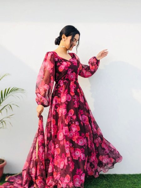 Pink Flower Print Georgette Anarkali  With Duppta Collection  Plus Size Kurti / Gown