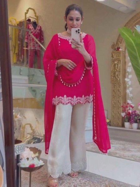 Pink Georgette Kurta Palazzo Set with Embroidery Chiffon Dupatta Ready to Wear at Wholesale Rate