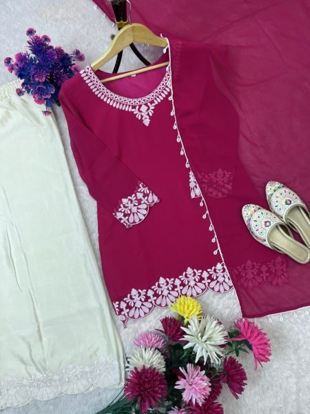 Pink Georgette Kurta Palazzo Set with Embroidery Chiffon Dupatta Ready to Wear at Wholesale Rate Ready To Wear Collection