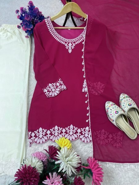 Pink Georgette Kurta Palazzo Set with Embroidery Chiffon Dupatta Ready to Wear at Wholesale Rate Ready To Wear Collection