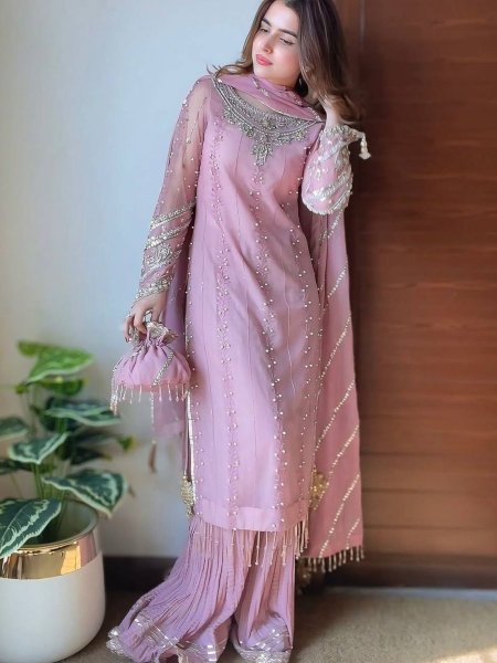 Pink Georgette Palazzo Set with Sequin & Rivet Embroidery Elegant Partywear for Women 