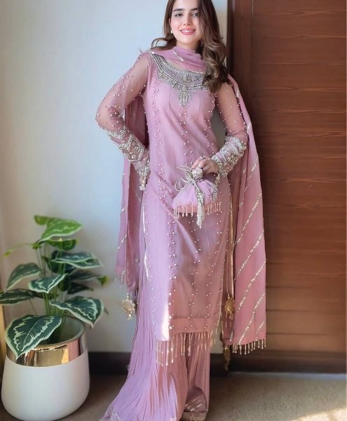 Pink Georgette Palazzo Set with Sequin & Rivet Embroidery Elegant Partywear for Women Ready To Wear Collection