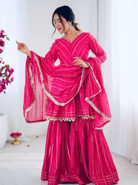 Pink Mal Chanderi Sharara Set with Real Mirror Handwork Designer Top and Flared Bottom with Lace Dupatta Ready To Wear Suit