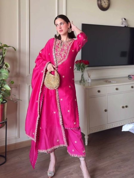 Glow in Grace Pink Malay Satin Suit with Intricate Embroidery & Festive Finish 