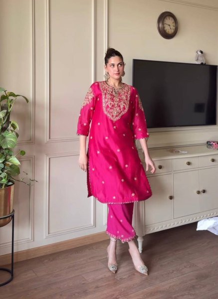 Glow in Grace Pink Malay Satin Suit with Intricate Embroidery & Festive Finish Ready To Wear Collection