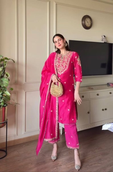 Glow in Grace Pink Malay Satin Suit with Intricate Embroidery & Festive Finish Ready To Wear Collection