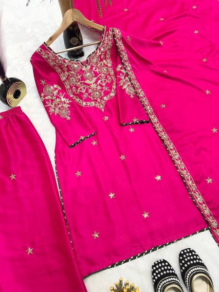 Glow in Grace Pink Malay Satin Suit with Intricate Embroidery & Festive Finish Ready To Wear Collection