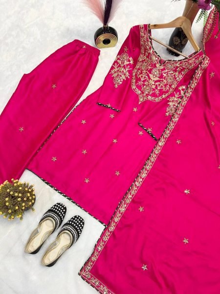 Glow in Grace Pink Malay Satin Suit with Intricate Embroidery & Festive Finish Ready To Wear Collection