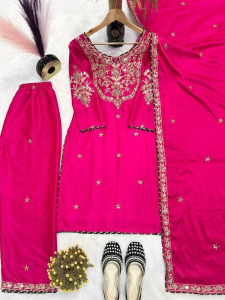 Glow in Grace Pink Malay Satin Suit with Intricate Embroidery & Festive Finish Ready To Wear Collection