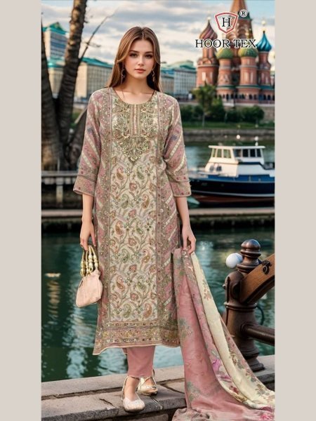 Pink Muslin Rayon Pakistani Suit Set Hoor Tex H-382B for Boutique Buyers Salwar Kameez