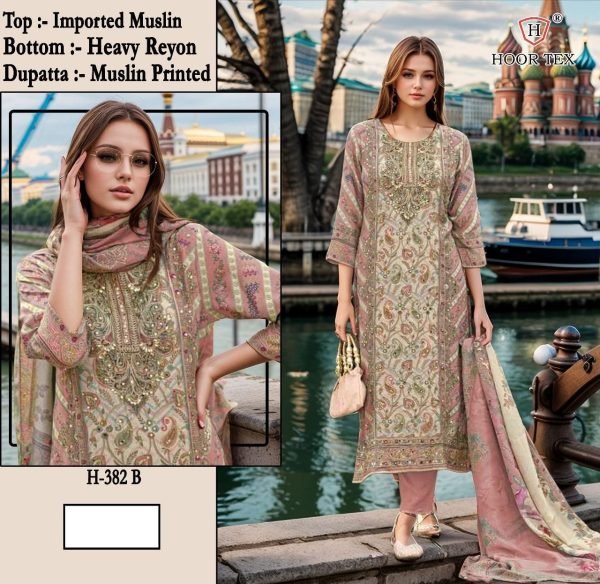Pink Muslin Rayon Pakistani Suit Set Hoor Tex H-382B for Boutique Buyers Pakistani Suits Wholesale