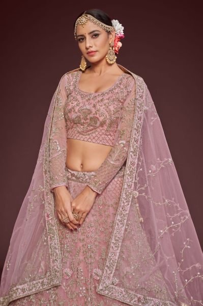 Pink Net A Line Lehenga Choli Bridal Lehenga Choli