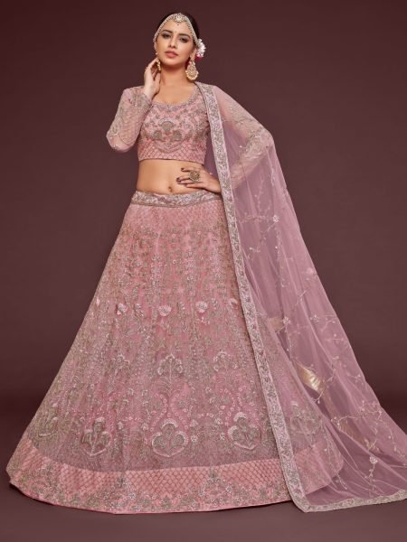 Pink Net A Line Lehenga Choli Bridal Lehenga Choli